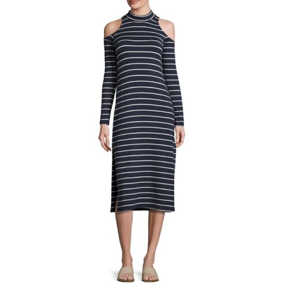 Splendid Striped Navy Cold Shoulder Midi Dress - Picture 1 of 7